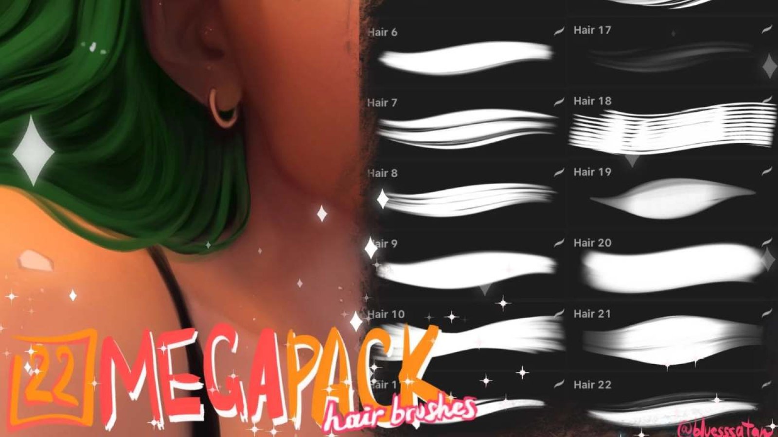 22 MEGAPACK hair brushset for Procreate app